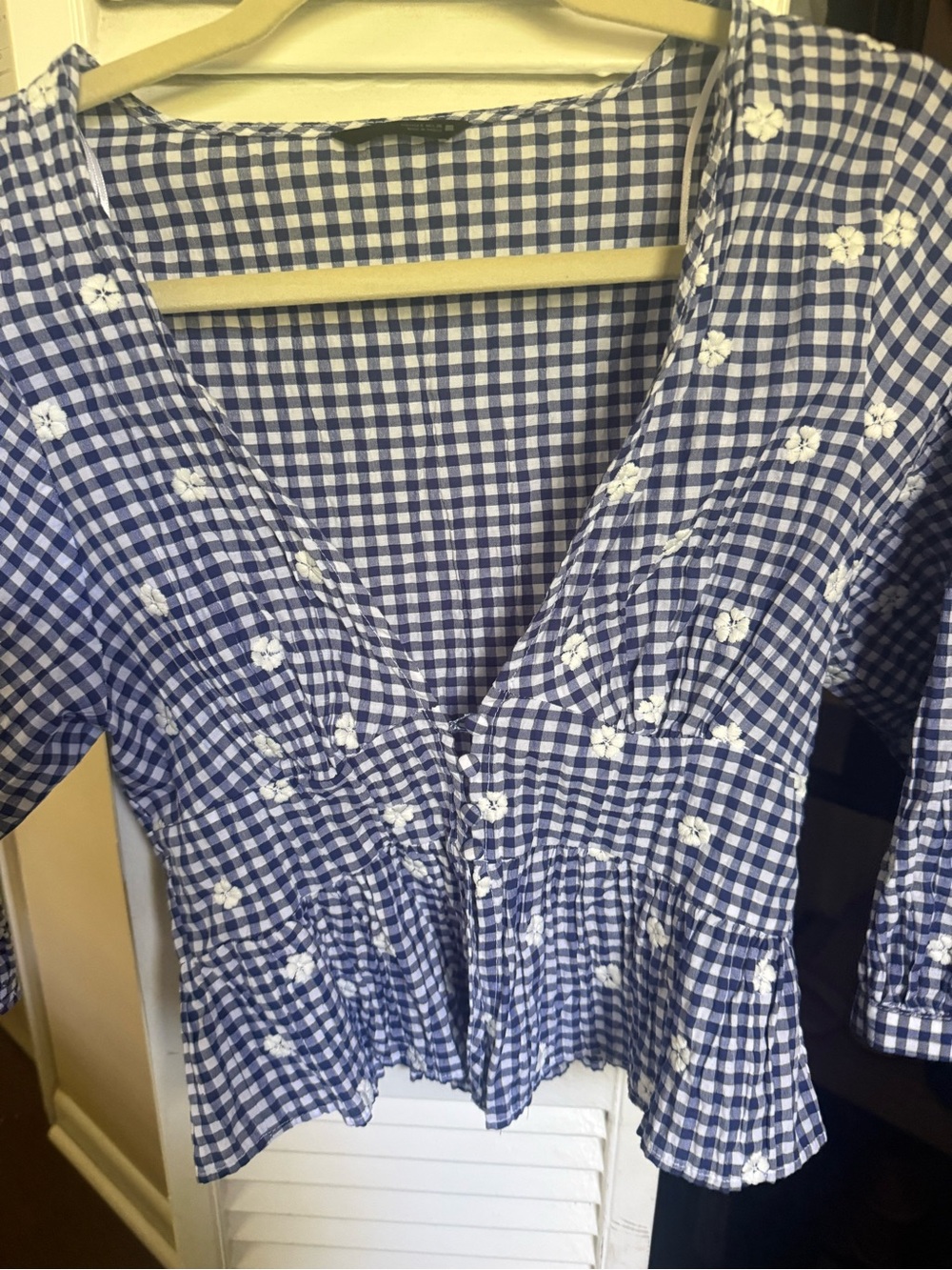 Zara Blue and White Gingham Embroidered V-Neck Peplum Top